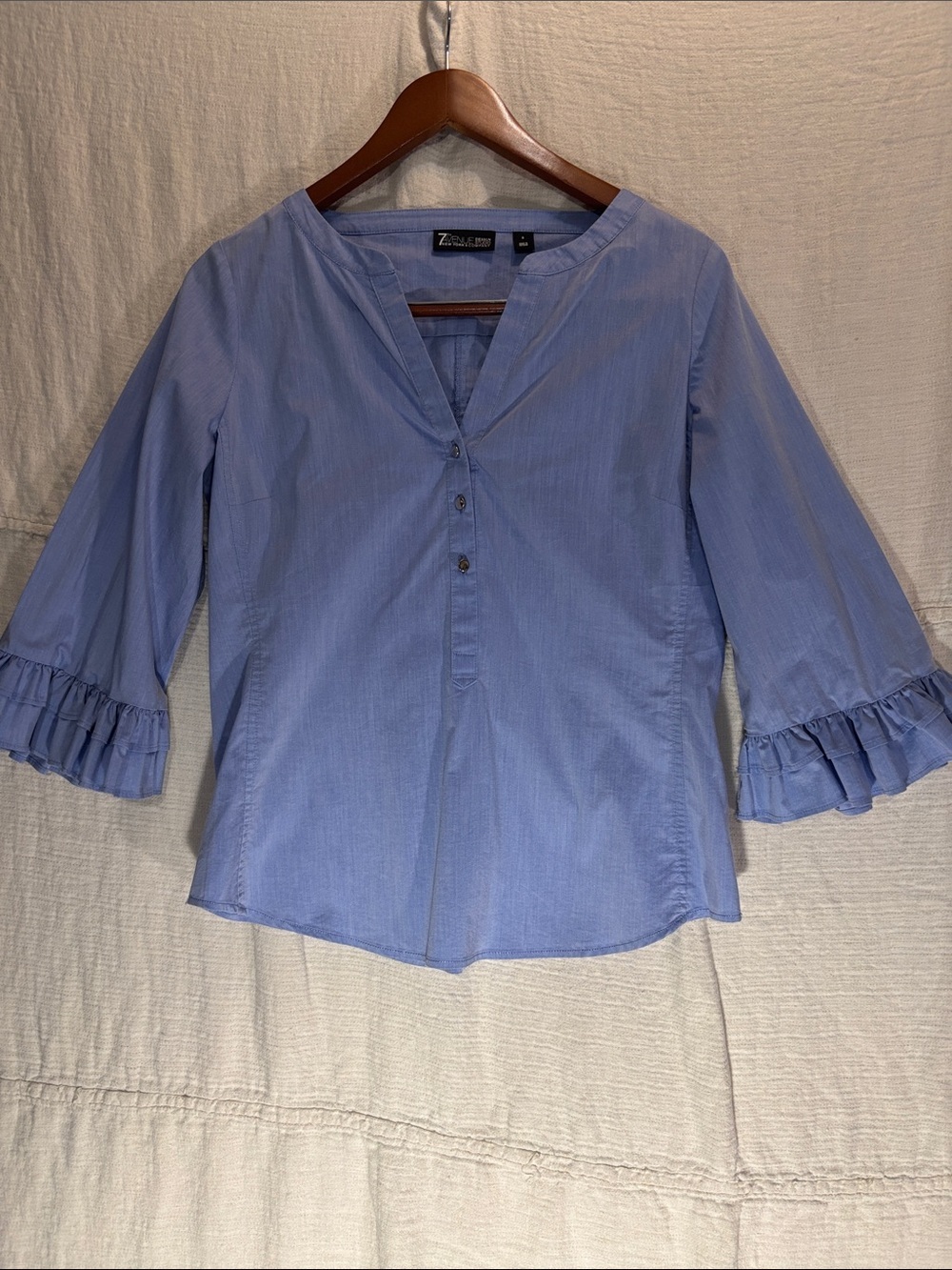 7th Avenue Light Blue V-Neck Ruffle-Sleeve Blouse Cotton Blend
